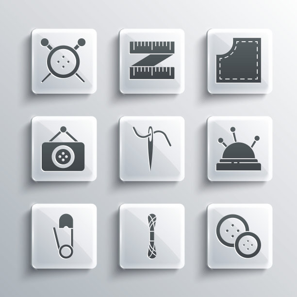 集合纱线，缝纫钮扣，针床和针，缝与线，安全别针，裁缝店，编织和图案图标。向量图片下载