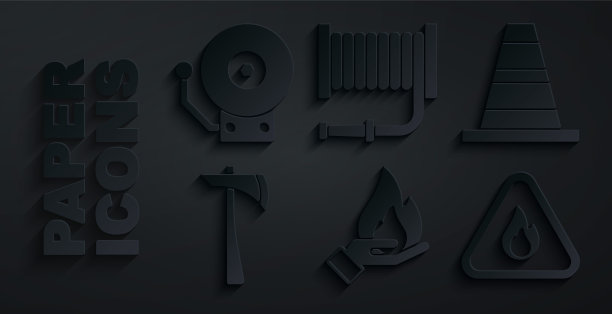 手持火舌、交通锥、消防斧、火焰三角形、水龙带卷轴、响铃图标。向量图片下载