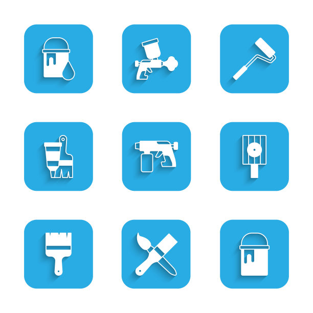 设置喷漆枪，刷，桶，喷漆罐喷嘴盖，管和油漆，滚筒和图标。向量图片下载