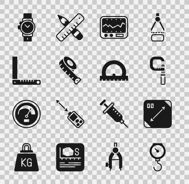 设置手秤弹簧机械，对角线测量，千分尺，测量仪器，卷尺，角尺，手表和量角器图标。向量图片下载