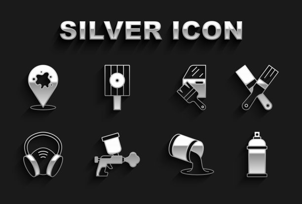 设置喷漆枪，刷，罐，桶，防毒面具，汽车喷漆，和喷嘴盖图标。向量图片下载