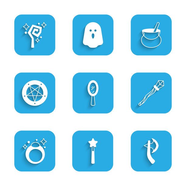 配备魔镜、魔杖、木斧、权杖、石戒指、五角星圈、女巫坩埚和图标。向量图片下载