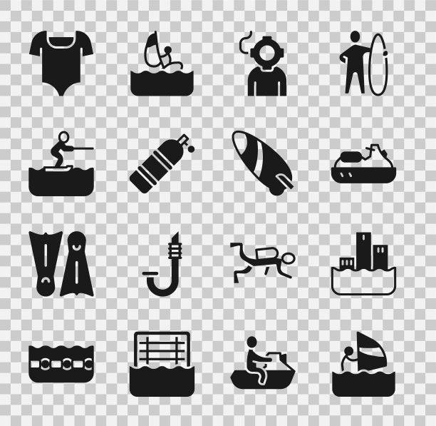 帆板、领奖台、水上摩托艇、水肺、滑水者、泳衣和冲浪板图标矢量素材图片下载