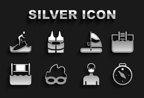 设置游泳眼镜，游泳池与梯子，指南针，游泳者，水排球网，风帆冲浪，冲浪板和救生衣图标。向量图片下载