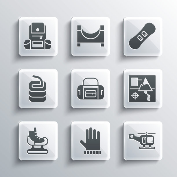 Set Christmas mitten, Rescue helicopter, fold map, Sport bag, Skates, Stone for curling，远足背包和滑雪板图标。向量图片下载