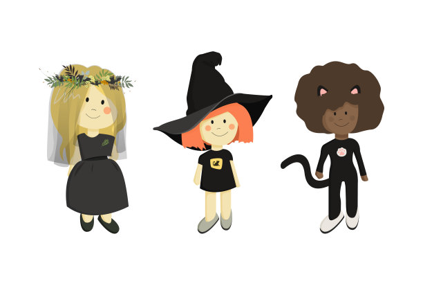 三个向量卡通女孩在万圣节的节日服装图片下载