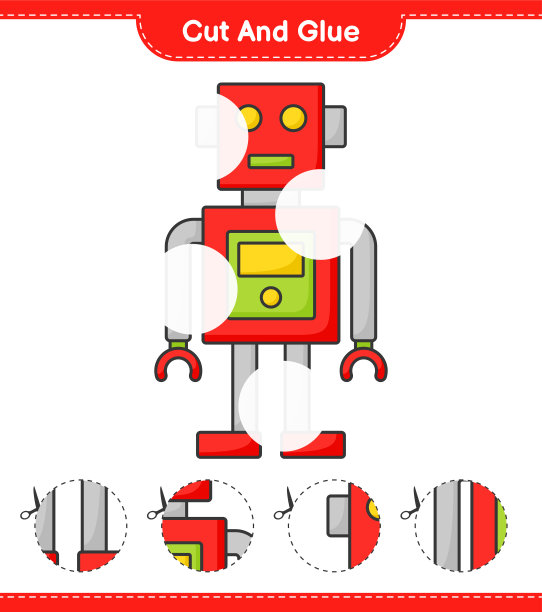 剪切和粘贴，剪切机器人角色的部分并粘贴。教育儿童游戏，可打印的工作表，矢量插图图片下载