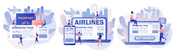 机票。小人们在网上订票旅行。在线购买机票。国际航空公司。现代扁平卡通风格。矢量插图上的白色背景图片下载