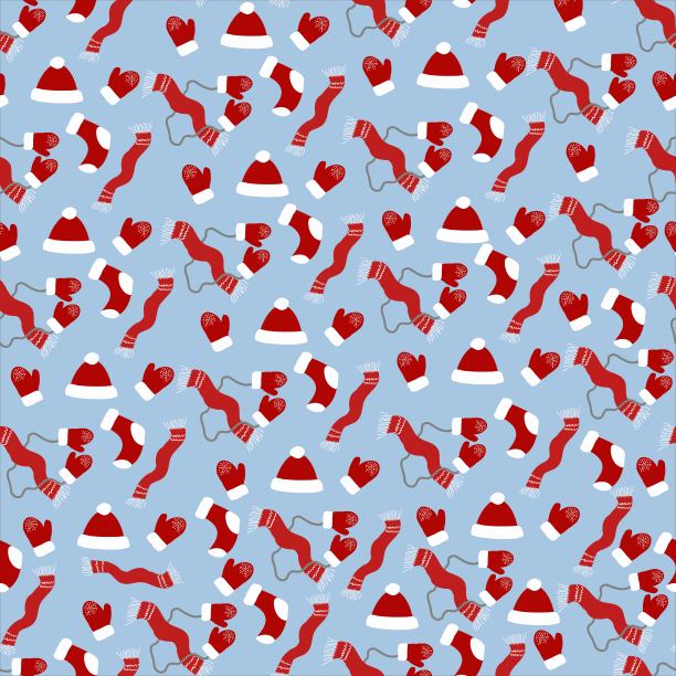 冬季的图案以蓝色为背景，红色的帽子、围巾、袜子、手套混乱地以浅色为背景，新年的图案以圣诞节为设计图片下载