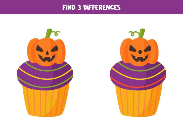 找出两个万圣节纸杯蛋糕的3个不同点。图片下载