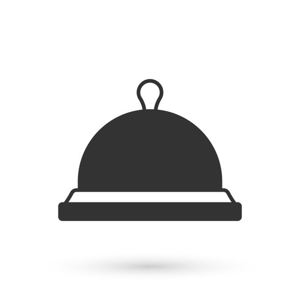 灰色覆盖的托盘食物图标孤立在白色的背景。托盘和盖子的标志。餐厅钟盖。向量图片下载