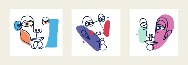 抽象的人脸矢量艺术品集，现代时尚的肖像艺术，手绘超现实的美，最小的艺术设计，绘制在人的头部。图片下载