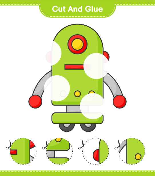 剪切和粘贴，剪切机器人角色的部分并粘贴。教育儿童游戏，可打印的工作表，矢量插图图片下载