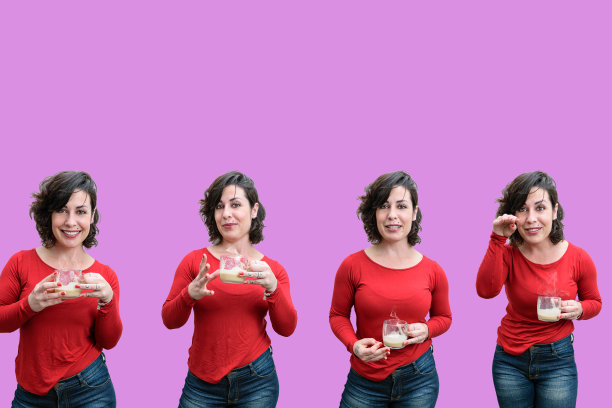 照片马赛克，一个巴西妇女，拿着一杯卡布奇诺，在紫色的背景。图片下载