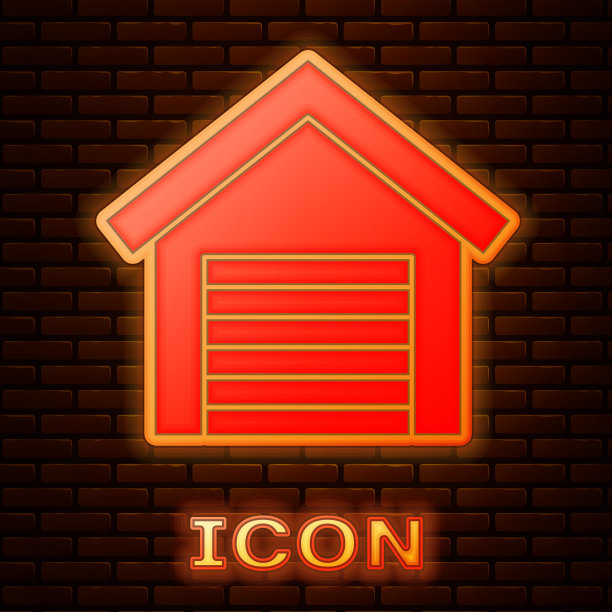 发光的霓虹灯车库图标孤立在砖墙图片下载