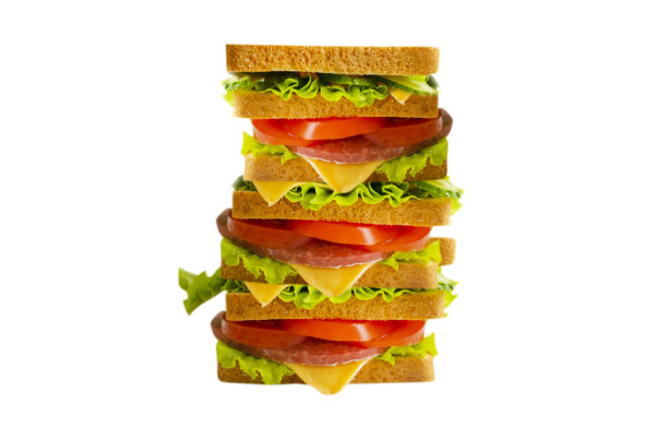 三明治与奶酪，番茄，香肠孤立在白色背景图片下载