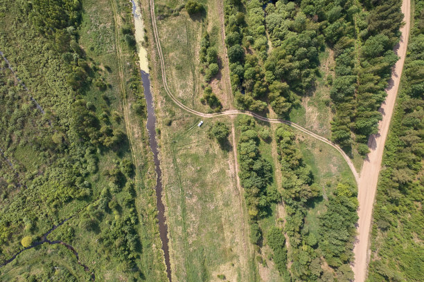 用无人机进行空中摄影。绿化的森林、道路和河流景观。图片下载