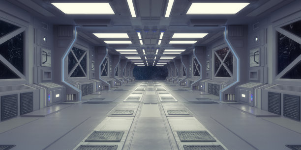 3 d渲染。未来太空飞船走廊室内设计图片下载