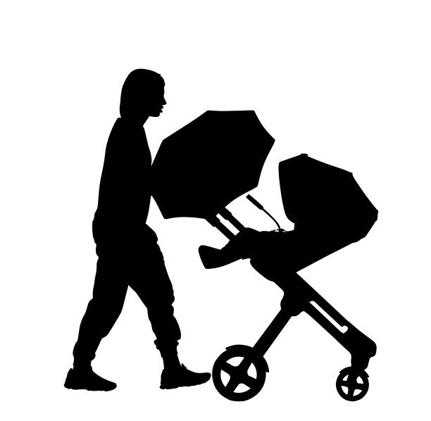 妈妈和婴儿在婴儿车行走的剪影图片下载