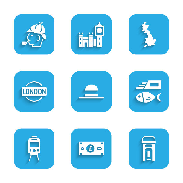 优雅的女人帽子，英镑，伦敦电话亭，炸鱼薯条，有轨电车，标志，英国地图和夏洛克·福尔摩斯图标。向量图片下载