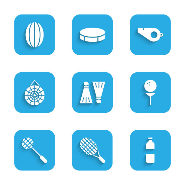 Set Rubber flippers游泳，网球拍，一瓶水，高尔夫球在tee，经典飞镖板，哨子和橄榄球图标。向量图片下载