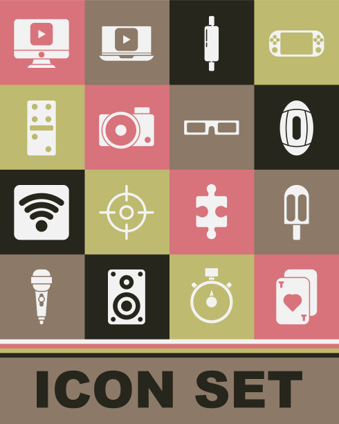 集扑克牌，冰淇淋，美式足球，擀面杖，相机，多米诺，在线播放视频和电影眼镜图标。向量图片下载