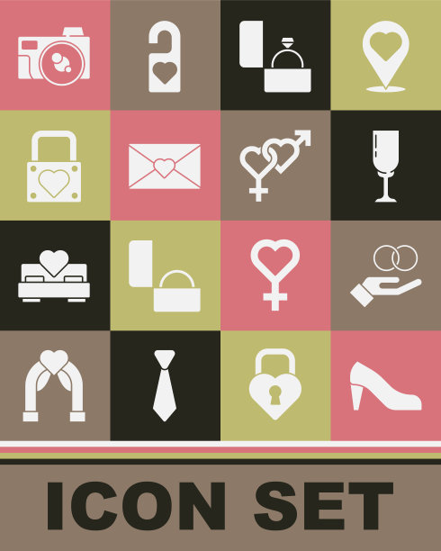 女士鞋，结婚戒指，一杯香槟，钻石订婚，信封与情人节的心，锁和，照片相机和性别图标。向量图片下载