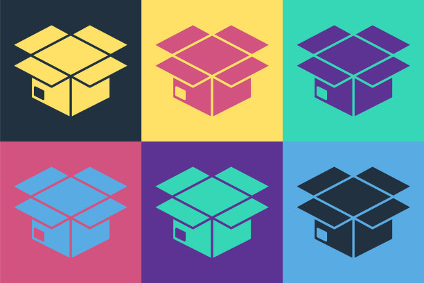 波普艺术纸箱纸箱图标孤立的颜色背景。箱子，包裹，包裹标志。运输和包装。矢量图图片下载