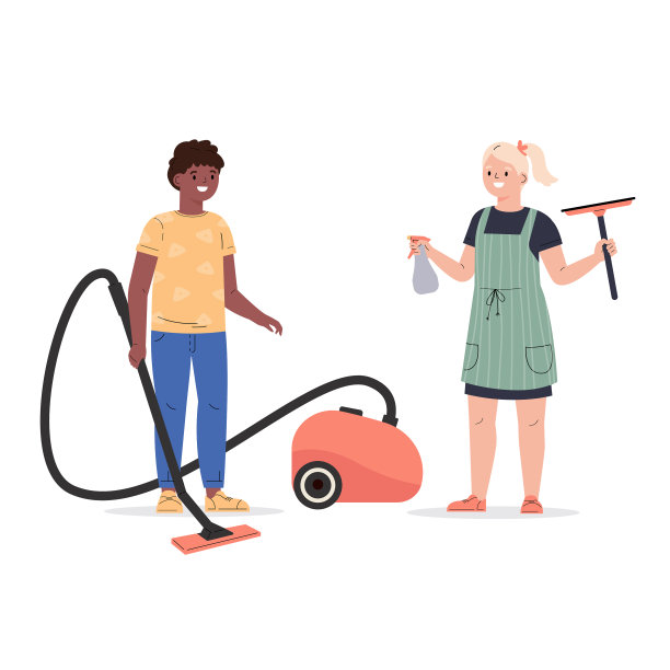 男孩和女孩用吸尘器擦窗户图片下载