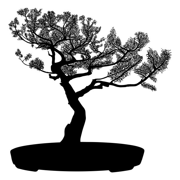 盆景树黑色剪影在白色的背景。详细的孤立的形象。爱好在花盆中种植迷你树的装饰艺术。起源于亚洲。向量。图片下载