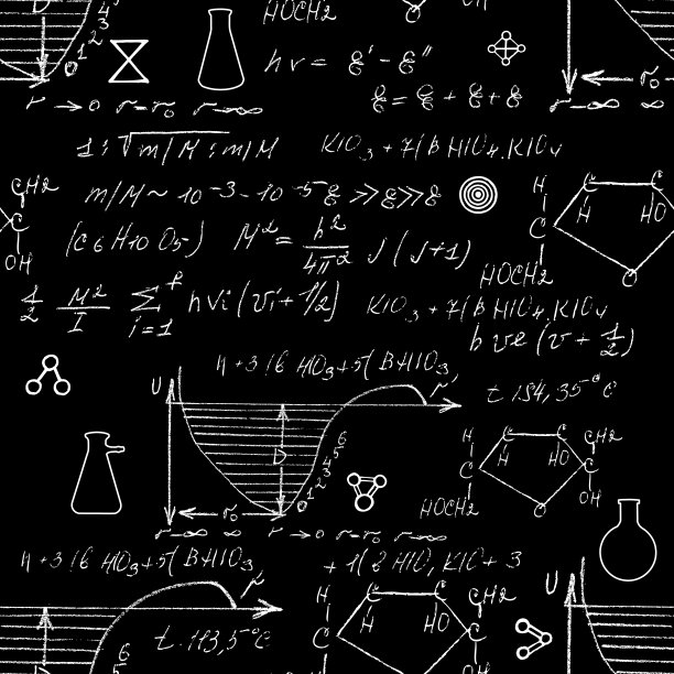 无缝无尽的模式背景与手写的化学公式，化学关系或规则表达的符号，各种物质，化合物，组成的原子，分子和离子。向量。图片下载