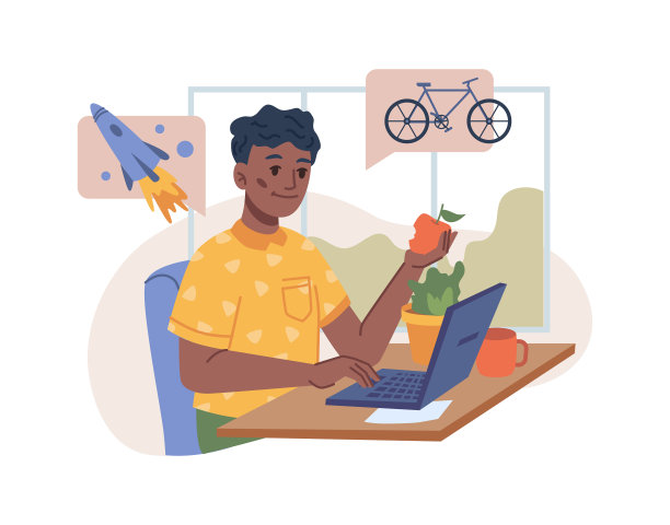 一个男孩坐在电脑前梦想着太空飞行图片下载