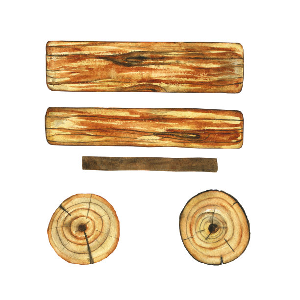 木制材料元素被隔离在白色背景上。木板，锯子，树干，木材。水彩手绘插图。图片下载