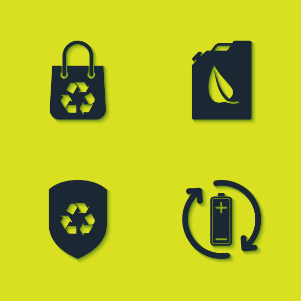 设置购物袋回收，电池，回收内盾和生物燃料罐图标。向量图片下载