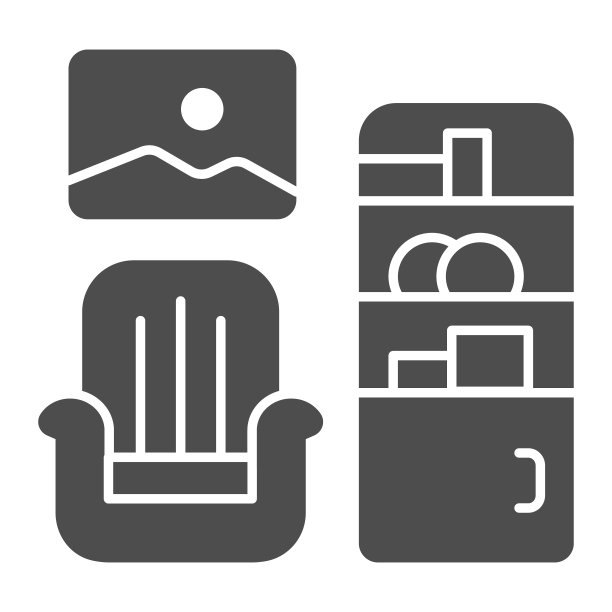 扶手椅，图片和衣柜固体图标，室内设计概念，白色背景的客厅标志，字形风格的扶手椅，绘画和橱柜图标。矢量图形。图片下载