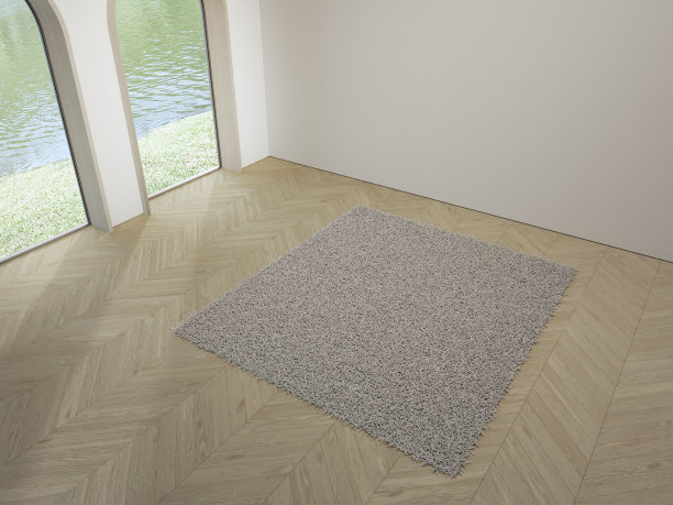 现代住宅或豪华酒店明亮客厅的空木地板上白色地毯旁的拱形窗。图片下载