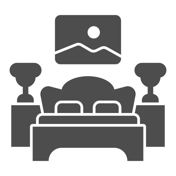 床，带灯的床头柜和图片实体图标，室内设计概念，白色背景的卧室标志，带床的房间，床头柜，字形风格的绘画图标。矢量图形。图片下载