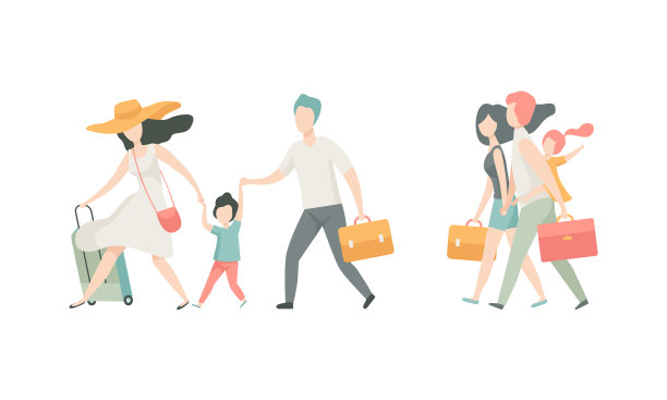 家庭旅行，孩子拉着行李箱图片下载