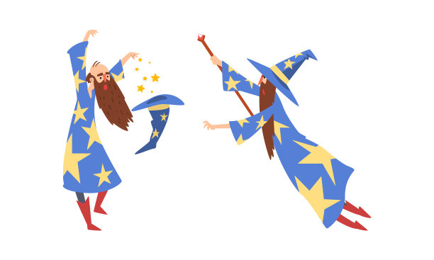 戴着尖顶帽子，穿着缀满星星的长袍的巫师在练习图片下载