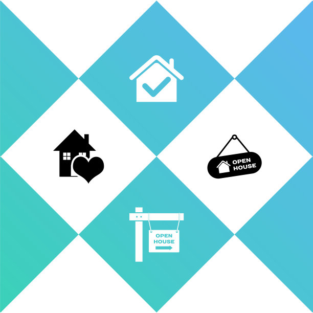 以心形设置房屋，悬挂标志开放房屋，检查标记和图标。向量图片下载