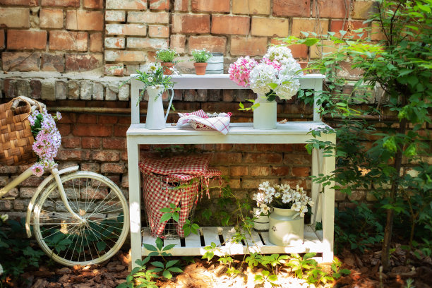 在阳台砖墙旁的木桌上收集盆栽植物。植物护理。花园中靠砖墙的老式自行车。装饰的后院。房子的露台上有植物和自行车。图片下载
