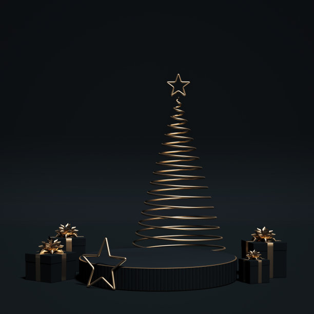豪华模型讲台与礼品盒，圣诞树和星星的品牌和包装介绍。黑色和金色的圣诞底座。化妆品和时尚概念。3 d渲染。3 d演示。图片下载