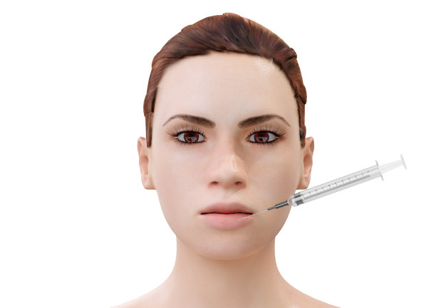 在白色背景上孤立的年轻卡通女人的嘴唇注射肉毒杆菌图片下载