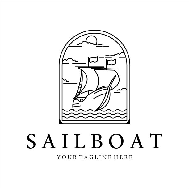 帆船标志线条艺术简单极简的模板图片下载