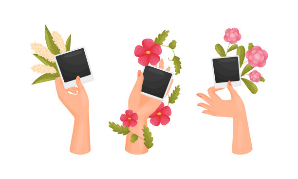 女性手握复古纸相框和图片下载