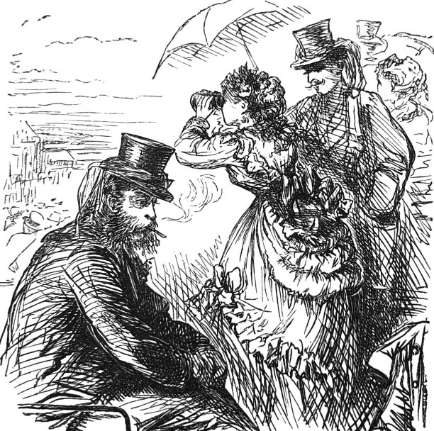 英国讽刺漫画漫画插图-一群人在看赛马-女人用双筒望远镜看-男人吸烟图片下载