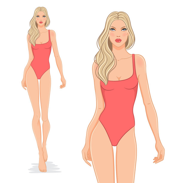 美丽的时尚模特穿着时尚的红色泳衣。图片下载