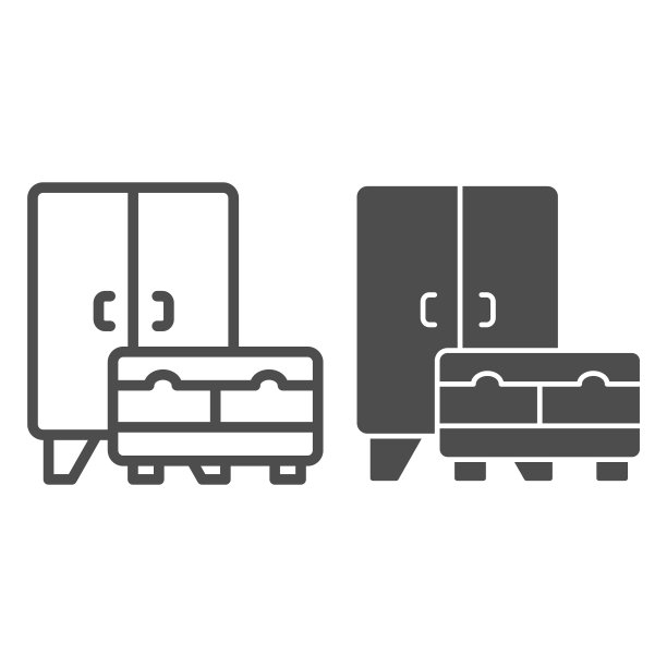 衣柜和橱柜线条和实心图标，室内设计概念，白色背景的家具标志，移动概念的轮廓风格的橱柜和床头柜图标。矢量图形。图片下载