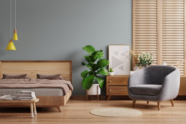 黑暗的卧室室内模型在农家风格。图片下载