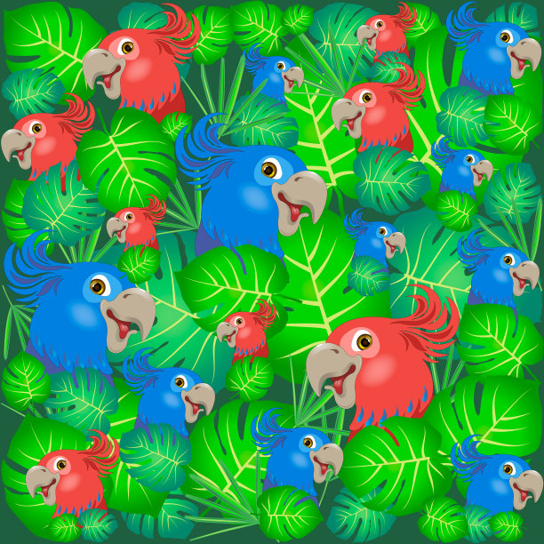 背景上有红色和蓝色的鹦鹉和热带树叶图片下载